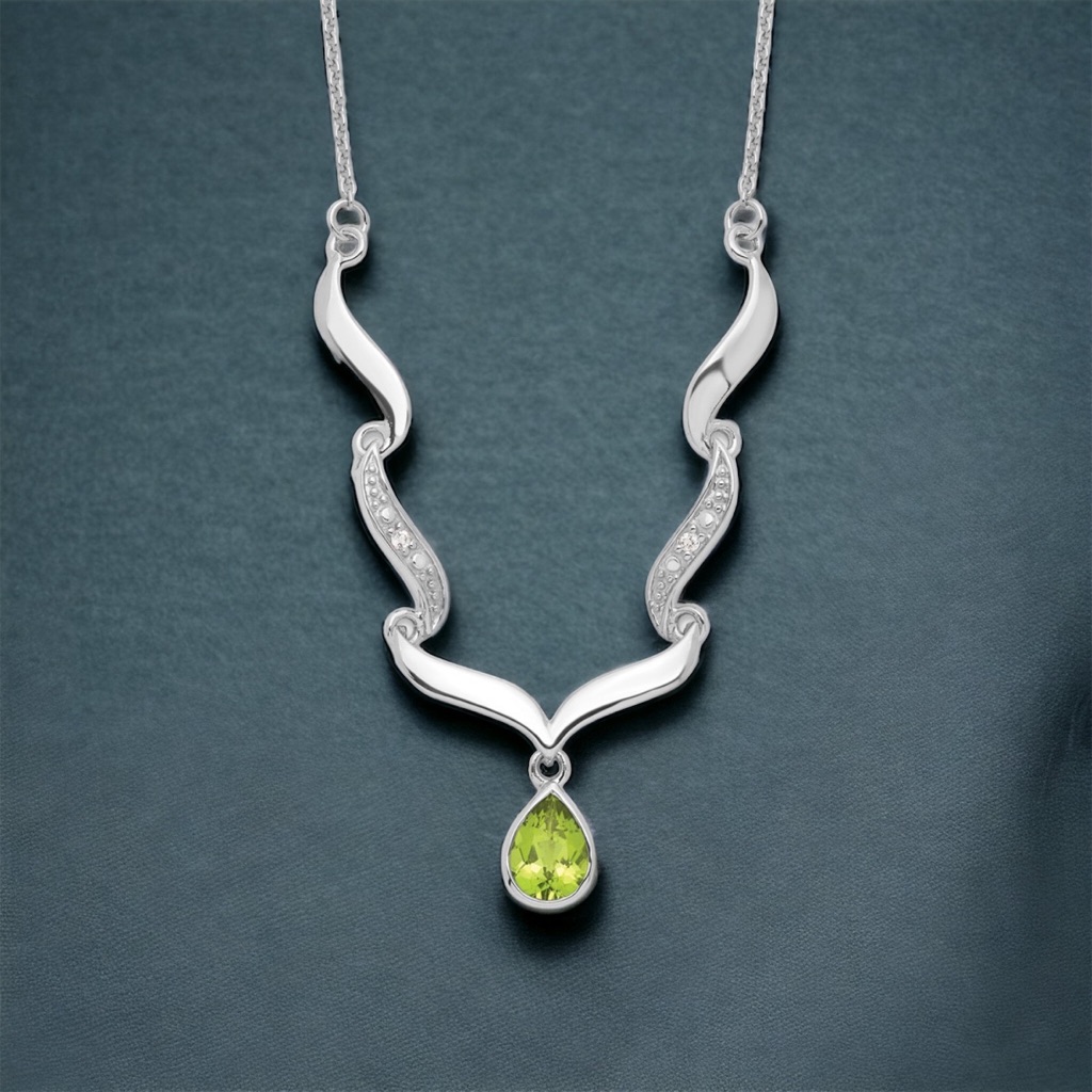 Sterling Silver Rh Plated Peridot August Birthstone & White Topaz Necklace